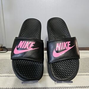Nike Black Slide Sandals with Pink Logo